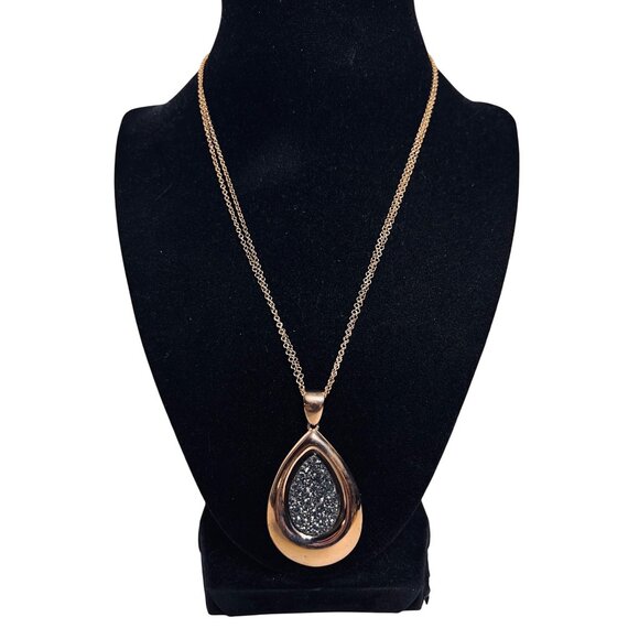 Bronzo Italia Jewelry - Bronzo Italia Rose Gold Tone Necklace With Black Druzy Teardrop Pendant (6292)